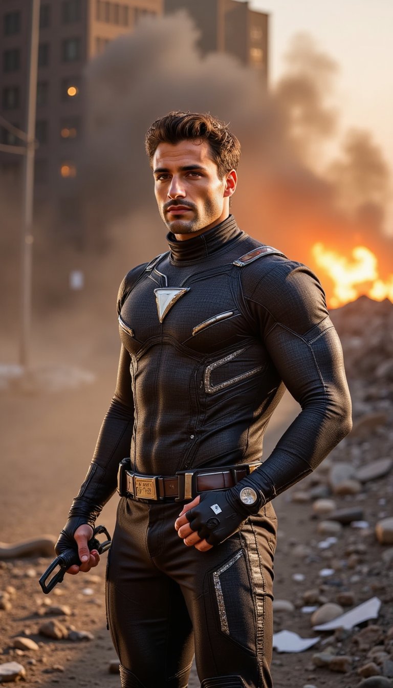 A male superhero stands among the rubble of a city street, dust swirling in the air, parts of his suit scratched and battle-worn. Flames flicker in the distance as the golden-hour light hits from the side, casting long shadows and capturing the quiet intensity after victory.
