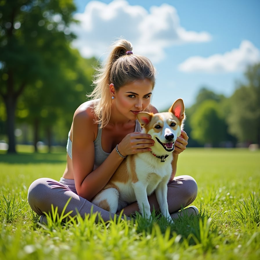 woman in casual athletic wear, surrounded by lush greenery, laughing and playing with her adorable dog in a sunny park, under a clear blue sky with a few puffy white clouds.