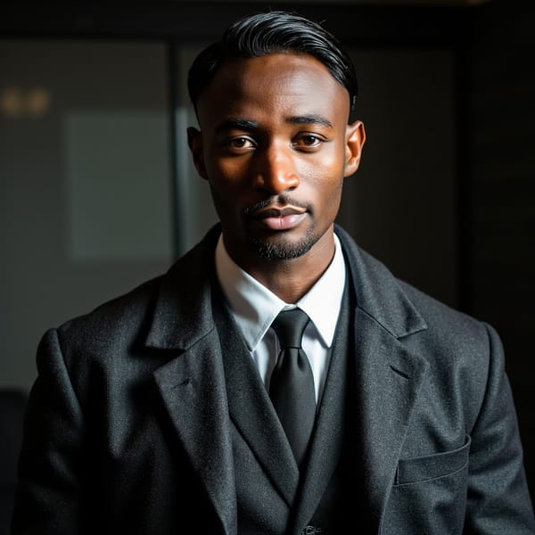 A cinematic dramatic portrait of a man (late 30s) with a controlled “spy film” vibe, waist-up, strong profile-to-three-quarter angle, camera at shoulder height with a slight tilt for tension. Hair: slicked-back dark hair with a clean side part, a few imperfect strands. Face: realistic skin texture, faint forehead lines, subtle scar near eyebrow, sharp jawline with light stubble, expression restrained and suspicious, eyes cutting sideways. Wardrobe: charcoal wool overcoat with visible weave and lint detail, white shirt collar, dark tie slightly loosened; fabric folds look natural and heavy. Lighting: hard key light from camera-right creating a sharp shadow edge across face, thin rim light behind to outline coat, background fades into deep darkness with a faint smoky haze, no objects. Camera: 70mm lens, f/2.8, crisp edge definition, controlled contrast, cinematic grading with muted tones. Highly detailed, highly realistic, HDR quality, cinematic lighting, minimal clutter, dramatic shadows.