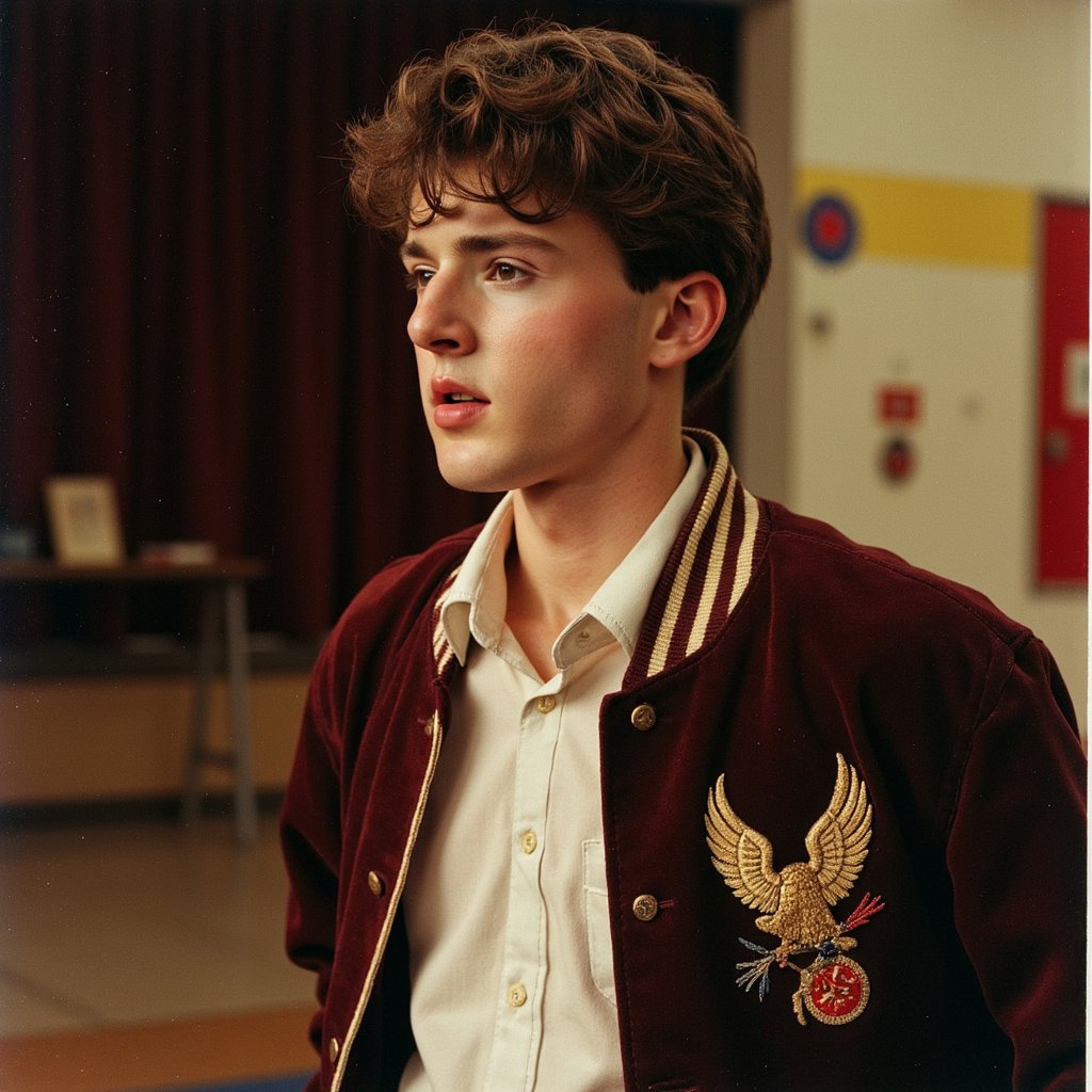 Hyper-detailed 1960s yearbook image of a drama club student mid-performance, shot from a low angle with a 35mm lens for theatrical emphasis. Subject wears a handmade Renaissance-style stage costume in heavy velvet with ornate gold trim, stitches and slight uneven seams visible on close inspection. The fabric catches warm tungsten stage light, producing deep shadows in the folds. His hair is slicked back but slightly disheveled from movement. Skin has a faint sheen from perspiration under the stage lights, highlighting cheekbones and temples. He’s mid-monologue, mouth slightly open, brows furrowed with expressive lines across the forehead. Background is fully darkened stage curtains, with only a faint edge light outlining his silhouette. Dust particles catch in the stage beam for added atmosphere.