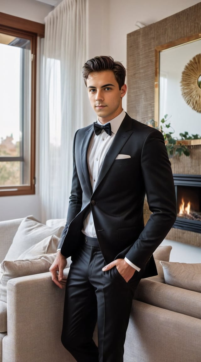 Stylish man in suit, luxury villa, Instagram-ready photo.