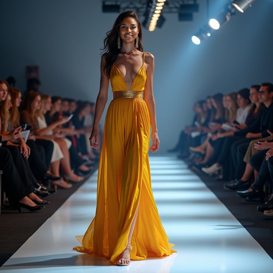 woman in a stunning, floor-sweeping evening gown, confidently strutting down a glamorous catwalk, surrounded by flashing cameras and a crowded audience, under the bright lights of a high-end fashion event.