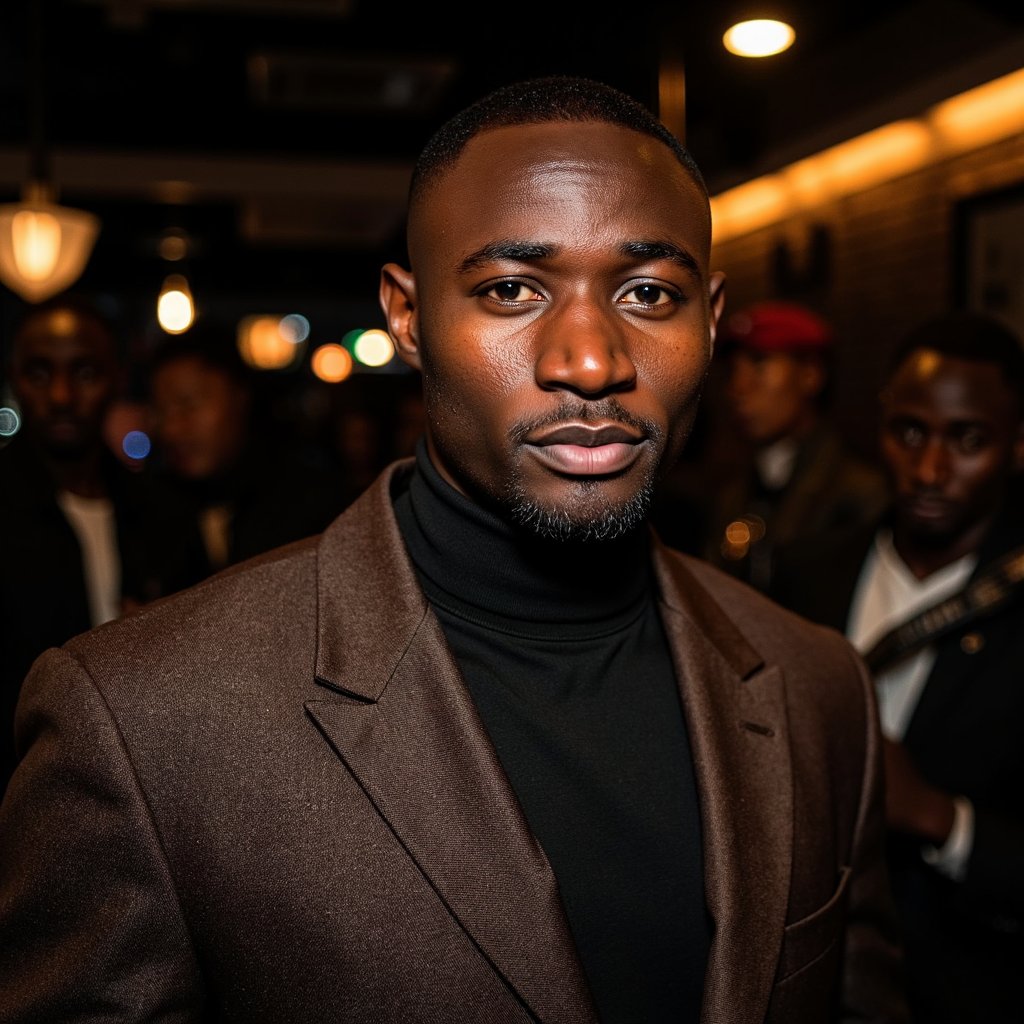 A cinematic portrait of a man (mid 30s) inside a dim jazz club, waist-up, camera slightly below eye level, subject angled three-quarters toward camera. Hair: slicked-back hair with natural imperfections. Face: realistic skin texture, slight sweat sheen, faint smile lines, calm confident gaze looking off-camera. Wardrobe: dark brown tweed blazer, visible wool texture, black turtleneck underneath, subtle fabric lint and folds. Lighting: warm tungsten key light from camera-left, soft amber rim light from behind cutting through light smoke in the air; gentle haze adds depth. Background: blurred stage lights and indistinct silhouettes, no instruments in focus, extremely minimal. Camera: 50mm lens, f/1.8, shallow depth, cinematic warmth and grain. Highly detailed, highly realistic, HDR quality, cinematic low-light atmosphere, minimal clutter.