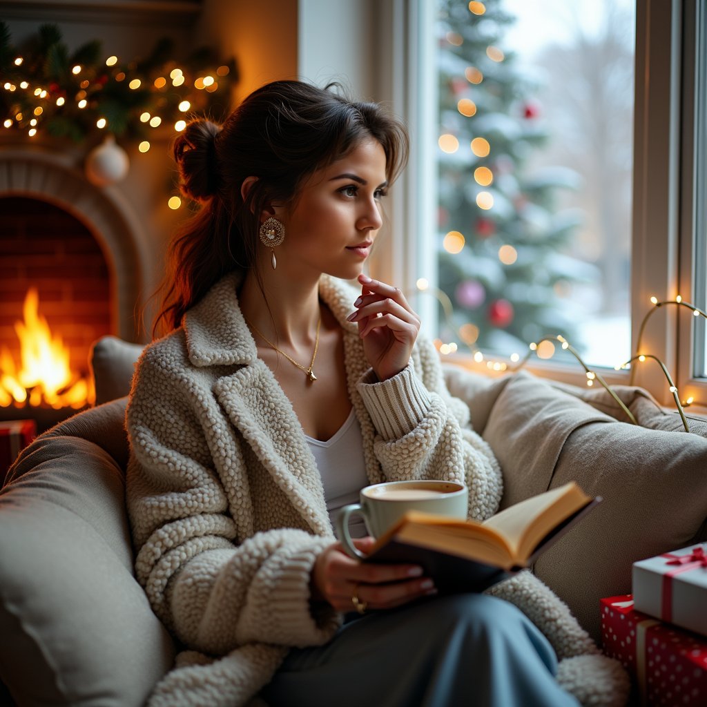 woman in cozy winter attire, sitting in a comfortable reading nook with soft lighting, surrounded by festive Christmas decorations and a crackling fireplace, lost in thought with a reflective expression, holding a cup of hot chocolate and a journal, with a blurred background of a snowy winter wonderland outside the window, symbolizing the quiet contemplation and introspection of the holiday season.
