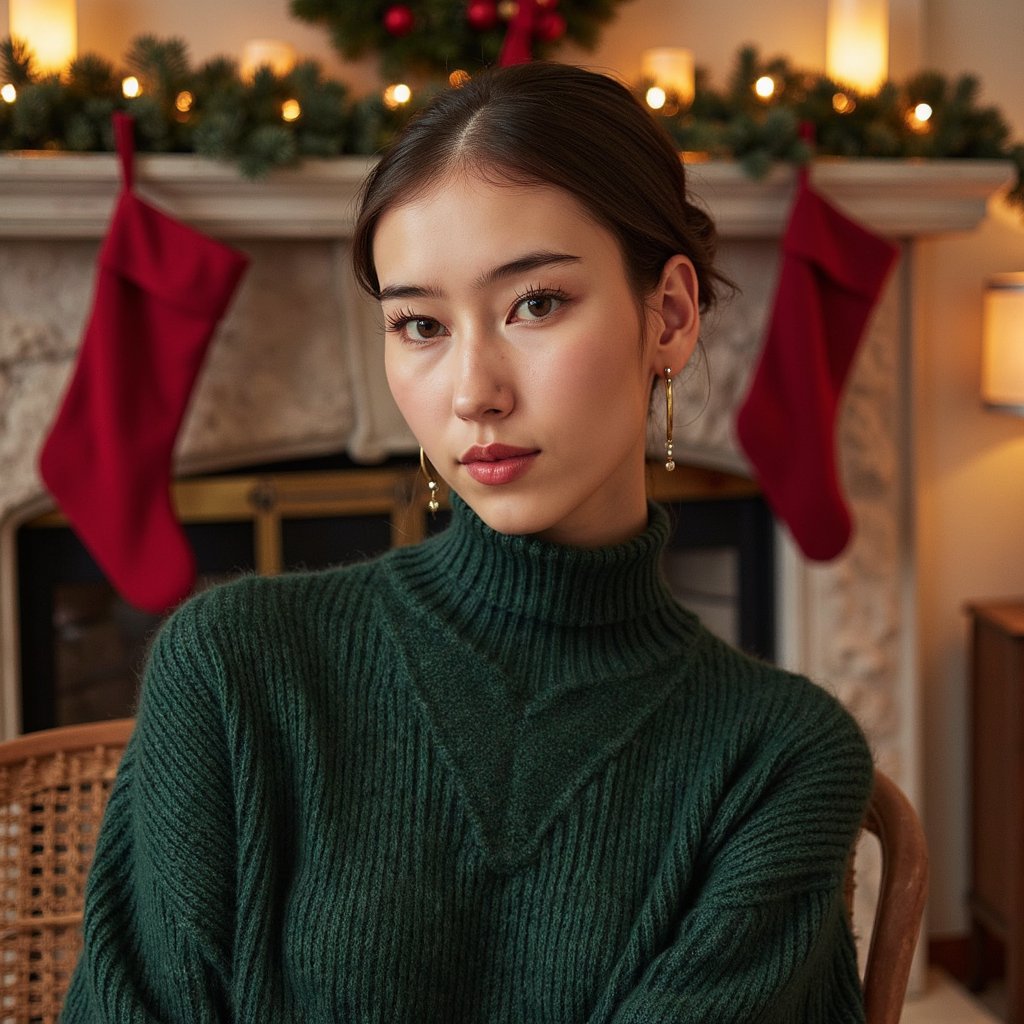 Headshot photo of a woman seated slightly angled to camera (rule-of-thirds framing, not centered), chin gently lowered, soft half-smile. She wears a deep-green cashmere turtleneck with fine ribbing and subtle pilling detail; delicate gold hoop earrings and a thin chain necklace. Hair: glossy loose waves tucked behind one ear. Makeup: warm neutral tones, soft brown liner, dewy skin, subtle highlight on cheekbones. Lighting: warm firelight key from camera-left, dim practicals in background, gentle rim light from a table lamp to separate hair from backdrop. Background: stone fireplace with a discreet garland and two matte red stockings, minimal clutter, soft bokeh fairy lights; shallow depth of field. Camera: 85mm lens, f/1.8, eye-level; highly detailed, highly realistic, HDR; skin texture natural, knits show thread grain; no motion, serene, editorial quality.