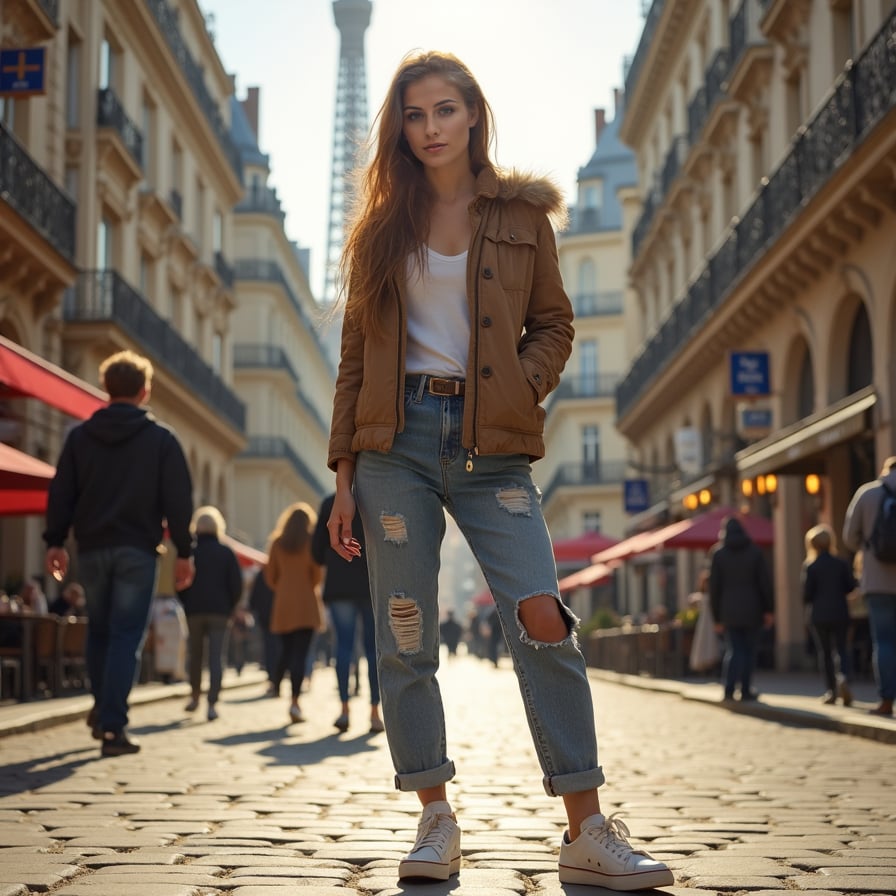girl with casual outfit and sneakers, standing confidently on a bustling city street, surrounded by tall skyscrapers and pedestrians, with a warm sunlight casting a gentle glow on her face.