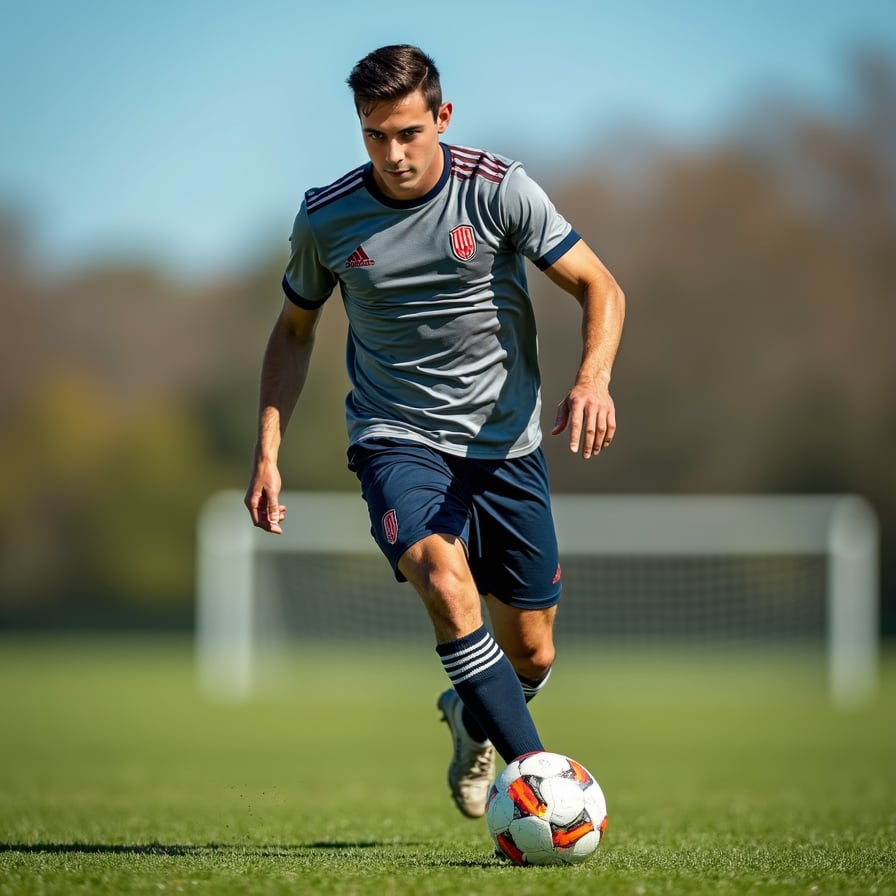 man in athletic wear, focused expression, expertly dribbling a football, poised in a dynamic stance on a lush green field under a clear blue sky.