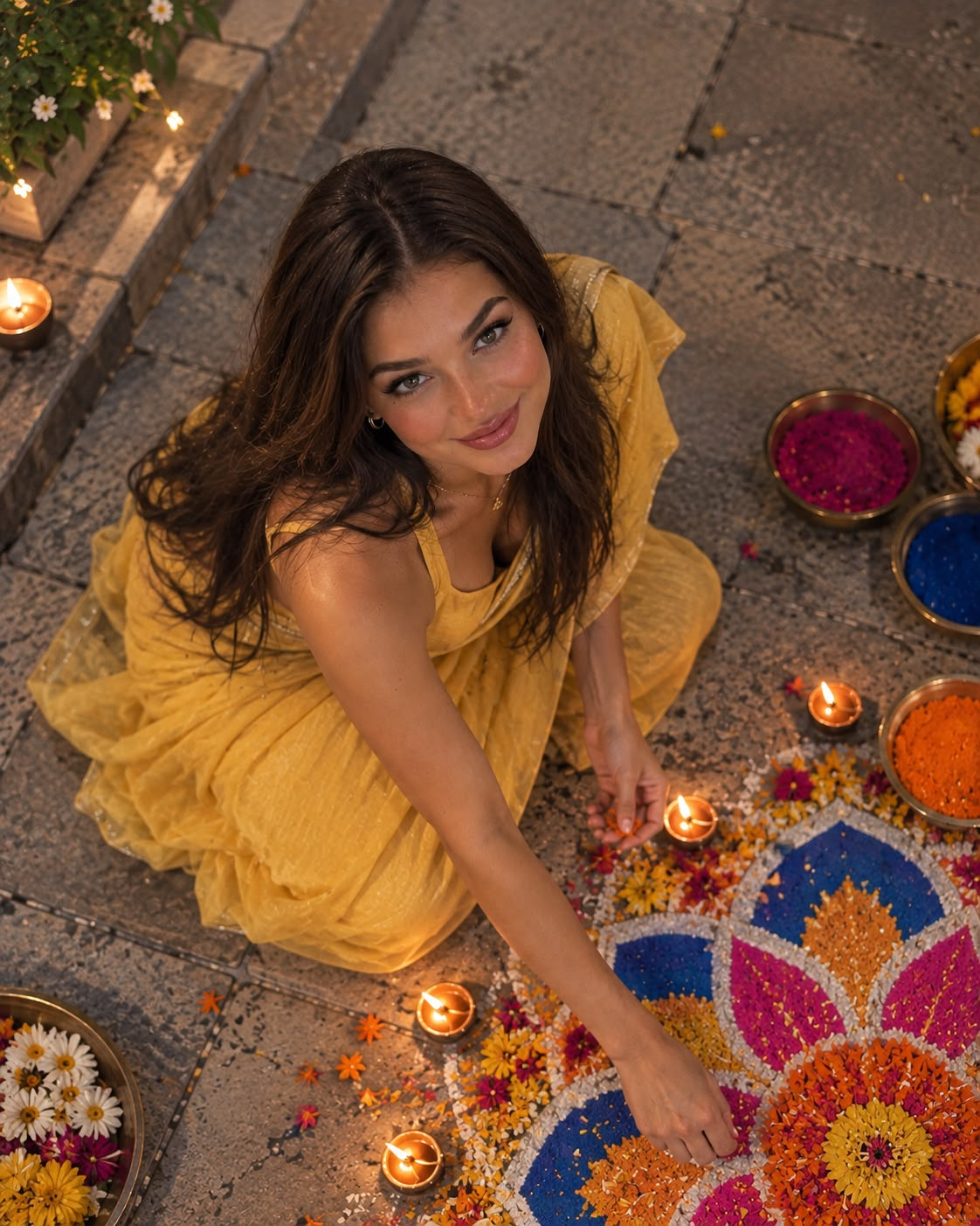 Overhead AI Diwali photo of a woman in a yellow saree finishing a rangoli surrounded by diyas