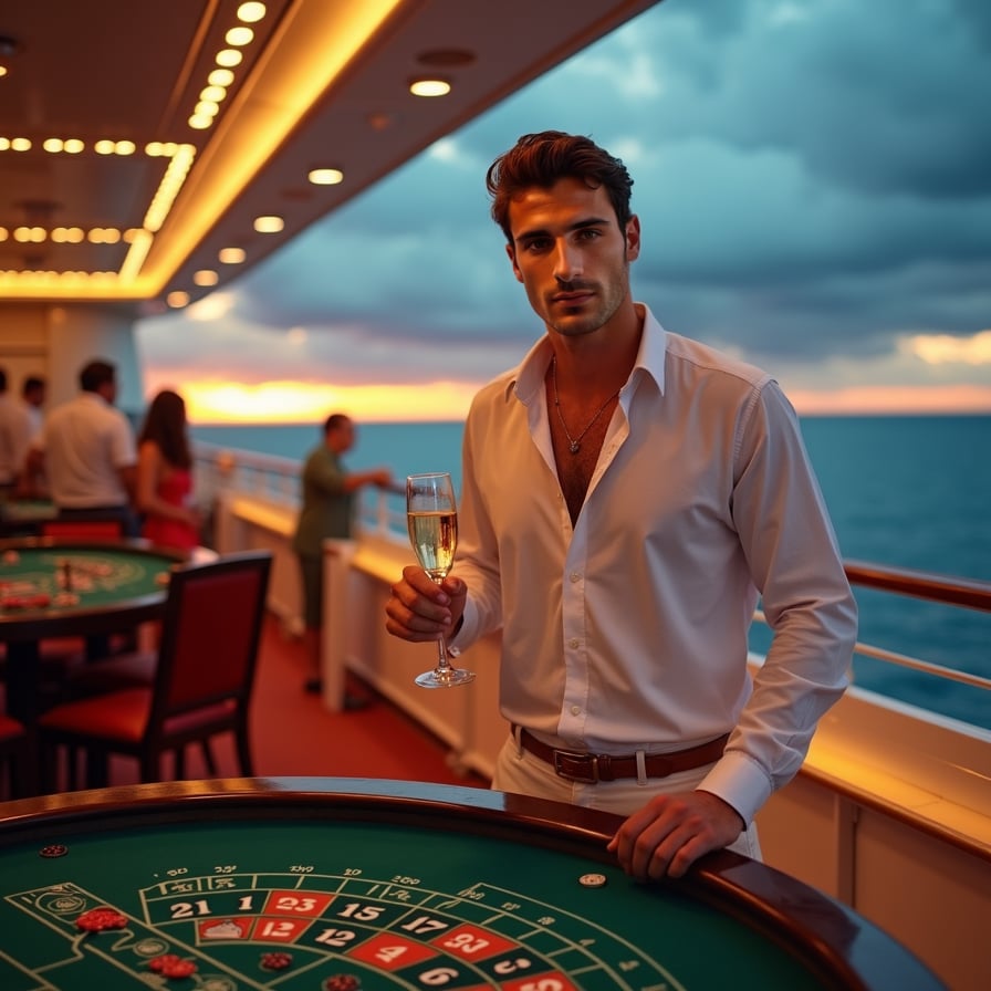 Casino Night: The model is in the ship’s casino, dressed in glamorous evening wear. he’s playing a game at the casino table or mingling with other guests, with the vibrant, sophisticated atmosphere of the casino adding to the scene.