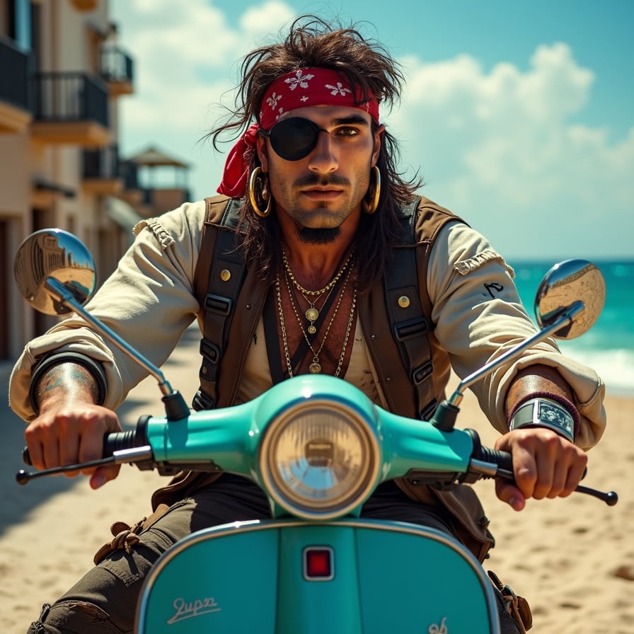 man gripping handlebars of a Vespa scooter, dressed in casual riding gear, against a scenic urban backdrop