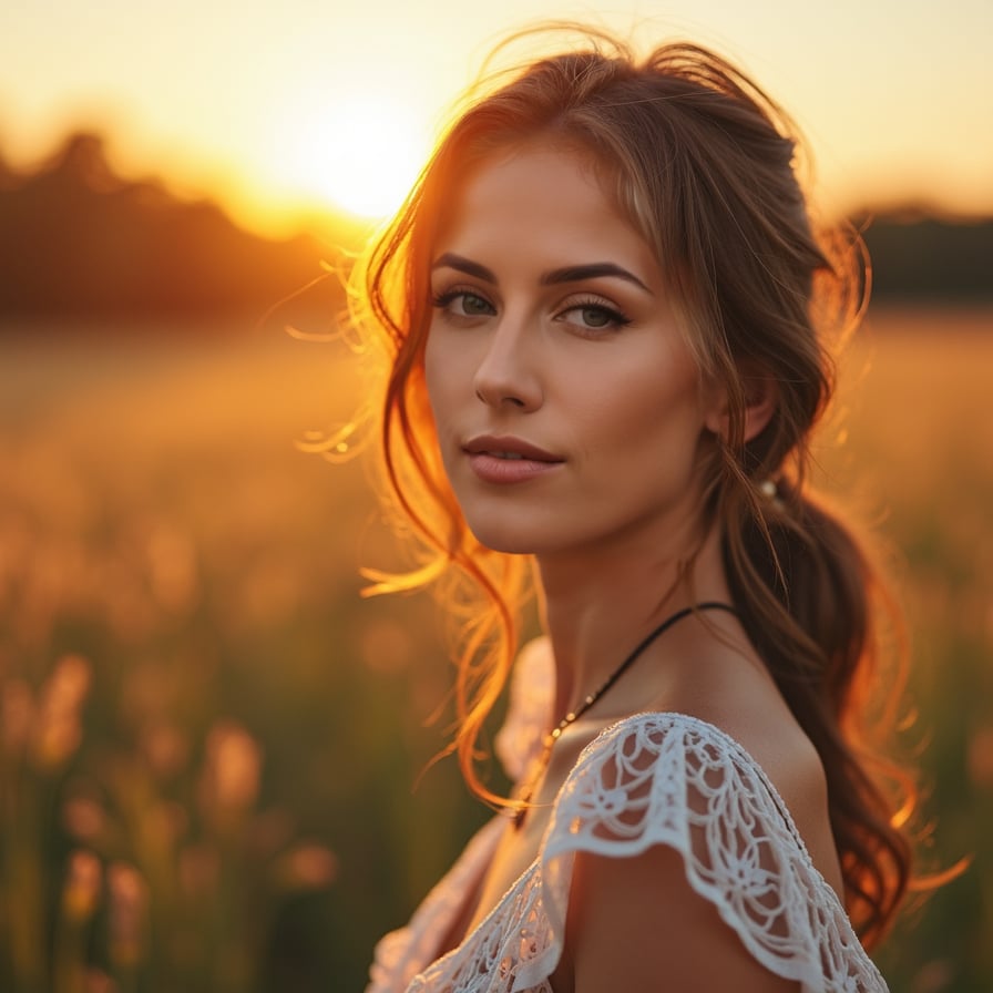 woman standing in a field at sunset, with golden light highlighting her features. She is wearing a flowy dress or casual chic outfit, her hair lightly tousled by the breeze. Her expression is soft and inviting, perfect for a romantic dating profile vibe