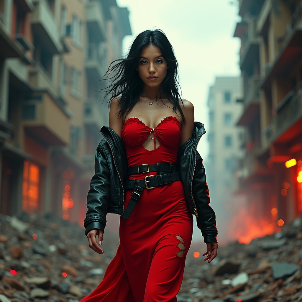 Dystopian backdrop, intense chaos and destruction, stunning woman, tall, hourglass figure, raven-haired, porcelain skin, striking green eyes, confident and strong, torn red gown, sleeveless, sweetheart neckline, weathered black leather jacket, intricately strapped utility belt, backpack, dramatic lighting, hinting turmoil mixed with stubborn ferocity, fiery neon eyeshadow, red ambiance, sparkly damaged buildings, wide composition, bold vibrant colours, fractured electric-hoze-blane atmosphere, broken cement texture, blurred-infra-wall cityscape, smoky fire-giltted explosion clouds, faint golden glow.