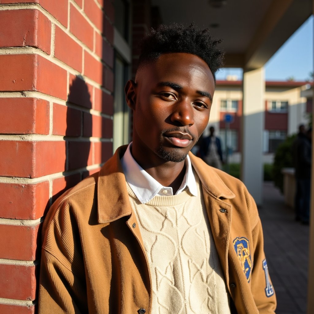 1960s high school student leaning against a red brick wall, shot from mid-thigh up with a 70mm lens. He wears a camel-colored corduroy jacket with visible wale texture and slight wear at the cuffs, layered over a cream cable-knit sweater and white collared shirt. The sweater’s knit loops are highly detailed, with fine wool fuzz visible in HDR clarity. His dark hair is styled in a neat side part with soft waves, individual strands catching sunlight. Expression is thoughtful, lips gently closed, gaze angled off-frame. His skin tone is warm with a faint tan line at the forehead. Afternoon sunlight casts strong side shadows along the brick texture, while the far background is blurred to creamy bokeh, showing only vague hints of a schoolyard.