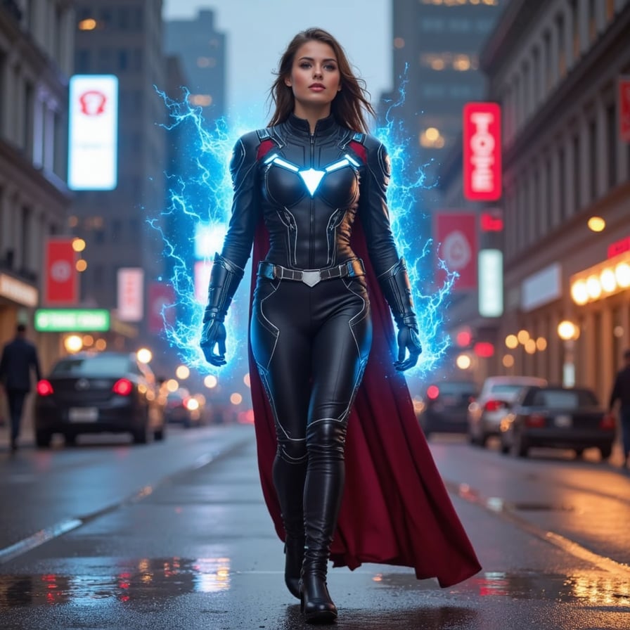 A cinematic transition of an ordinary person in regular clothes transforming into a superhero with glowing armor and energy aura, urban background fades into battle zone, Marvel-style intensity