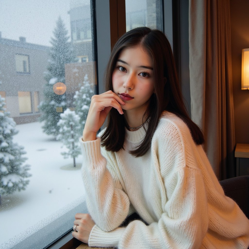 Headshot of a woman sitting beside a snow-frosted window, shoulders slightly angled away, head turned back toward the lens with a gentle soft-smile. She wears a white mohair sweater with fine fuzzy fibers visible and a thin silver chain. Hair: shoulder-length curls, slightly glossy, parted to one side. Makeup: soft berry lips, natural lashes, subtle winter flush on cheeks. Lighting: cool snow-reflected daylight from the window as the key light, with a warm bounce fill from camera-right to give a Christmas glow. Background: cold blue-white window frost with subtle bokeh from outdoor holiday lights; minimal indoor clutter. Camera: 85mm f/1.8, tight frame; highly realistic, highly detailed, HDR, sharp eye reflections and visible fabric texture; still, serene winter mood.