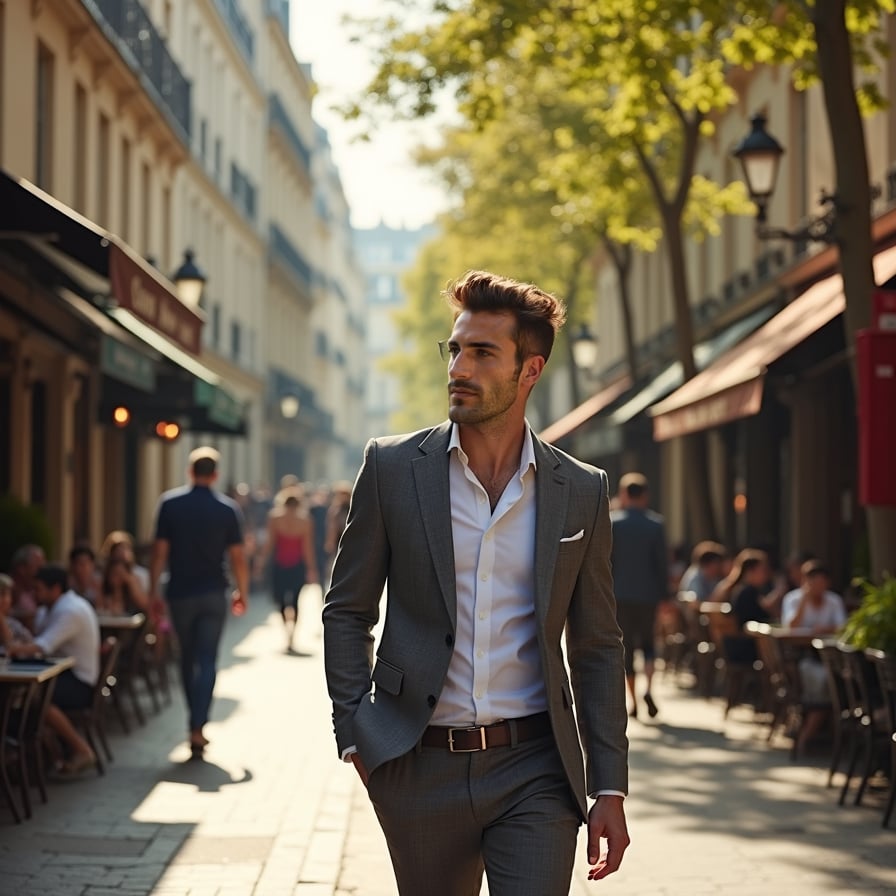 man in stylish, modern attire, wearing a fitted blazer and slim-fit trousers, walking down a charming Parisian street lined with historic buildings, quaint cafes, and ornate lampposts, surrounded by lush greenery and vibrant street performers, under the soft, warm glow of afternoon sunlight filtering through the leafy trees.