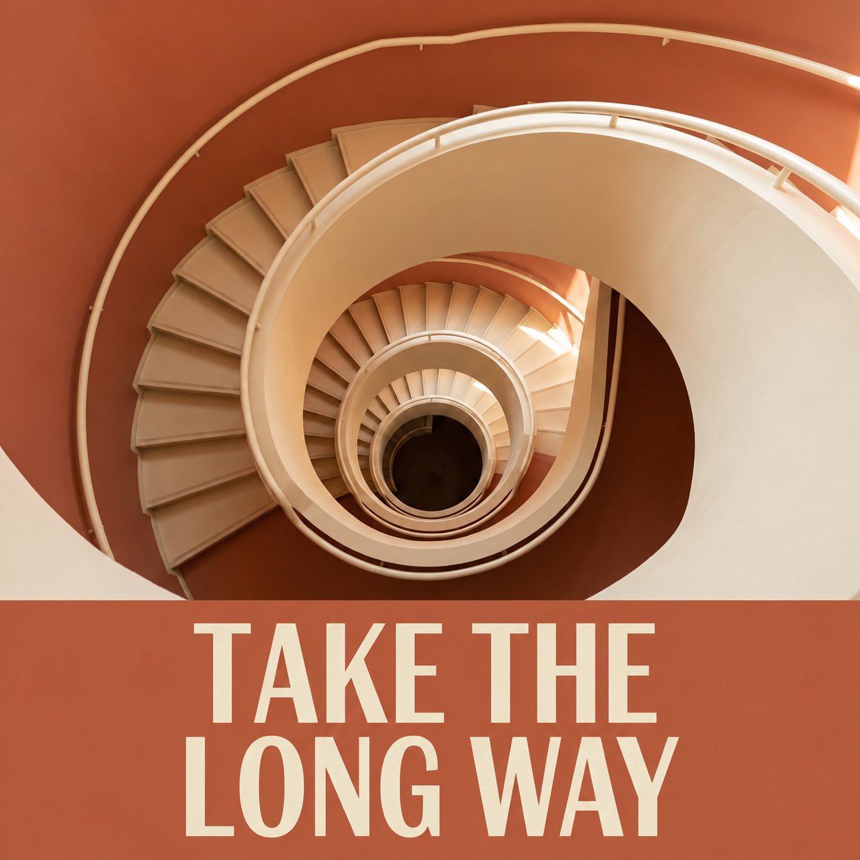 Square TAKE THE LONG WAY poster with the spiral staircase above the
title