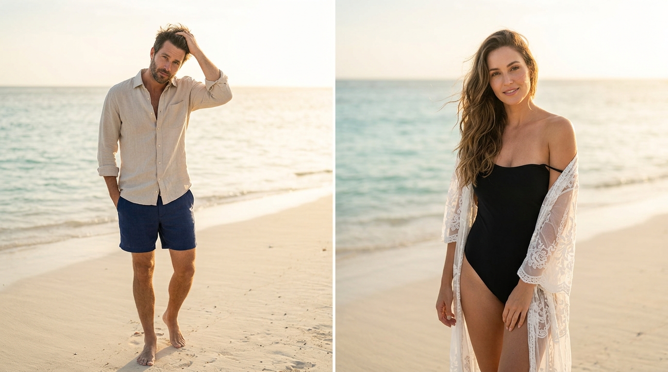 Golden Hour Solo Portrait — AI-generated beach photo of a woman in a sleek one-piece swimsuit on an empty shoreline at golden hour, sheer beach cover-up draped off one shoulder, sun behind creating rim light across her hair and shoulders