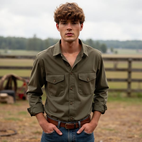 A male subject standing outdoors on a working farm, captured in a medium three-quarter body shot at eye level for authenticity. He is wearing a casual button-up shirt with rolled sleeves, denim jeans, and leather boots, fabrics showing natural wear, creases, and texture. Hair is slightly tousled, natural and practical. Skin texture is realistic with visible pores, sun exposure, and subtle imperfections. Lighting is natural daylight with soft shadows, balanced exposure. Background includes wooden fencing, open fields, farm tools, and greenery softly blurred. Composition is grounded and honest, lifestyle photography style, highly detailed, highly realistic, HDR quality.