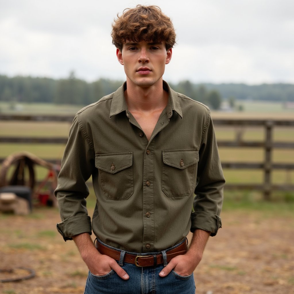 A male subject standing outdoors on a working farm, captured in a medium three-quarter body shot at eye level for authenticity. He is wearing a casual button-up shirt with rolled sleeves, denim jeans, and leather boots, fabrics showing natural wear, creases, and texture. Hair is slightly tousled, natural and practical. Skin texture is realistic with visible pores, sun exposure, and subtle imperfections. Lighting is natural daylight with soft shadows, balanced exposure. Background includes wooden fencing, open fields, farm tools, and greenery softly blurred. Composition is grounded and honest, lifestyle photography style, highly detailed, highly realistic, HDR quality.