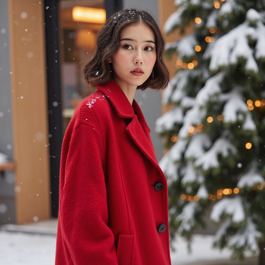 Waist-up outdoor portrait of a woman wearing a vivid red wool coat with a structured collar and black buttons; coat texture visible in crisp detail. She stands slightly turned away from the lens, looking gently back with a soft expression, still pose.
Hair: loose, soft curls with snowflakes resting naturally on the strands.
Makeup: natural glam—soft brown eyeliner, rosy cheeks, satin neutral lips.
Lighting: bright overcast snow-reflected light creating soft, even illumination; subtle highlights on coat fibers.
Background: blurred snowy evergreens with tiny golden fairy lights; minimal clutter.
Camera: 85mm f/2, eye-level; highly detailed, highly realistic, HDR, snowflakes, coat fibers, and eye reflections rendered sharply.