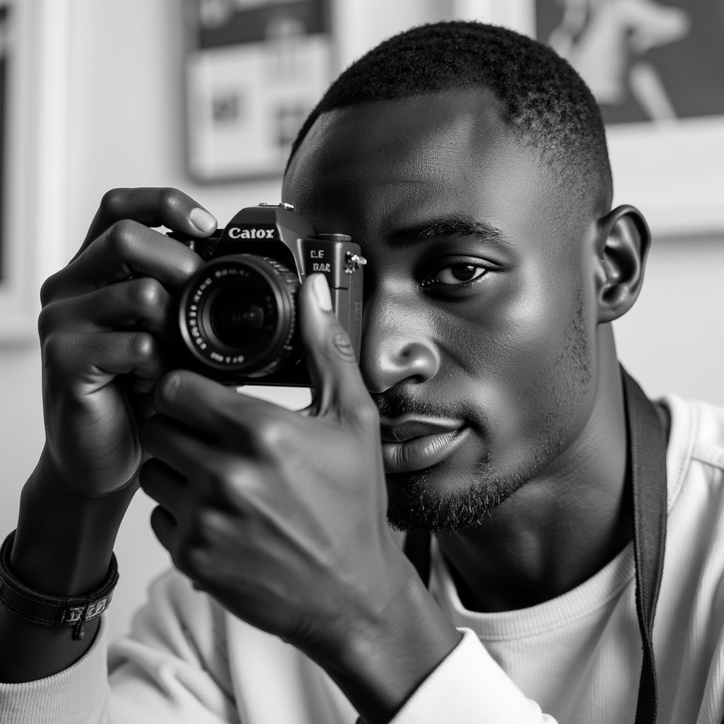 Classic black and white headshot of a focused photographer peering through the viewfinder, timeless expression, elegant lighting, World Photography Day concept