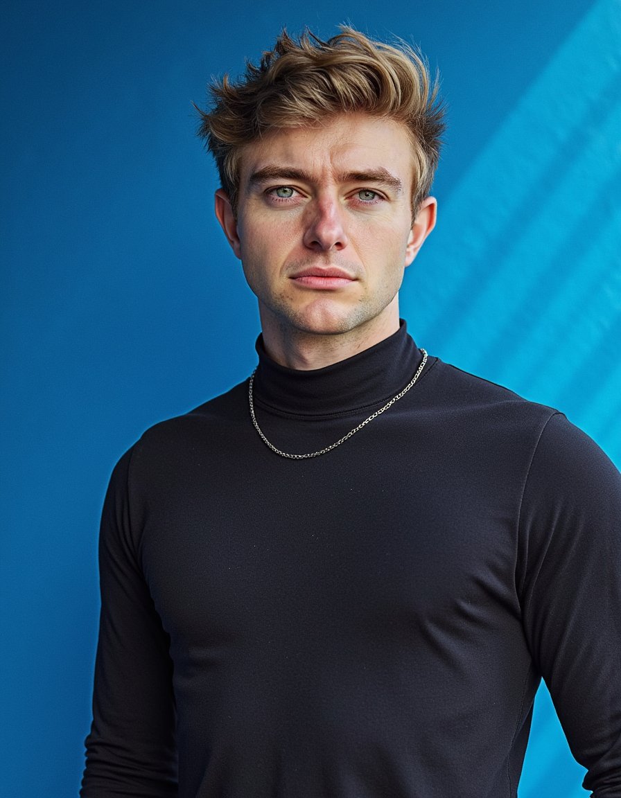 man wearing a form-fitting black turtleneck and a delicate silver chain around his neck. He is positioned in a waist-up portrait, his body angled subtly at 45 degrees, with a serious, intense gaze directed straight into the camera. The scene is illuminated by harsh side lighting that casts intriguing mild shadows across his face, highlighting realistic stubble and visible skin pores. He stands sharply separated from a vivid, solid electric blue backdrop, creating a striking contrast.