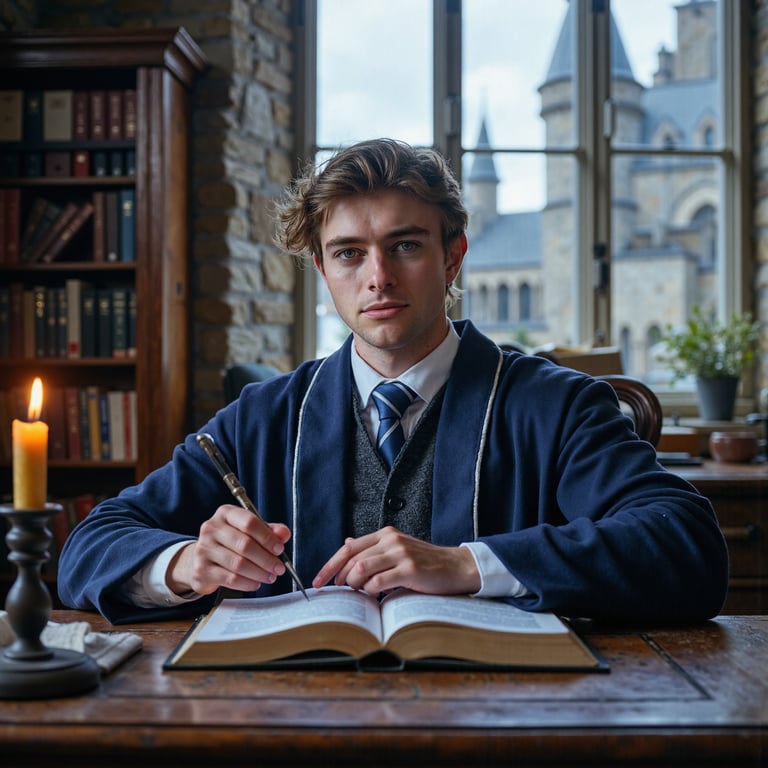 Ultra-detailed HDR seated portrait of a 17-year-old male Hogwarts student with l