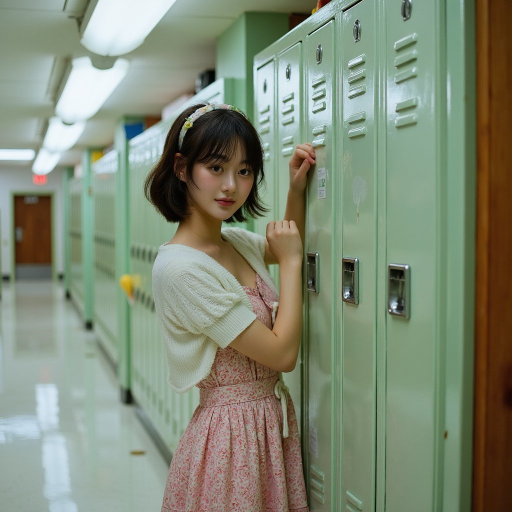 Realistic 1960s hallway portrait of a teen girl leaning into her locker with a relaxed smile, captured with a 28mm lens for subtle environment distortion. She wears a short-sleeved knee-length cotton dress in a floral pattern of pink and white, with a cinched waist and decorative buttons down the front. Fabric creases realistically at her bent elbow and side. A white cardigan hangs loosely over her shoulders, its thin knit revealing faint pilling at the cuffs and fine ribbing near the neckline. Her hair is styled in a curled bob with a small fabric headband, bangs trimmed straight across the forehead. Her cheeks show dimples as she smiles, lips with a slight gloss. Skin texture includes faint under-eye shadows and a soft flush. Light from a high overhead fluorescent casts a natural downward gradient, making the contours of her face more defined. Lockers behind her are painted faded mint green, with scuff marks, stickers, and light reflections blurred into an abstract wash.