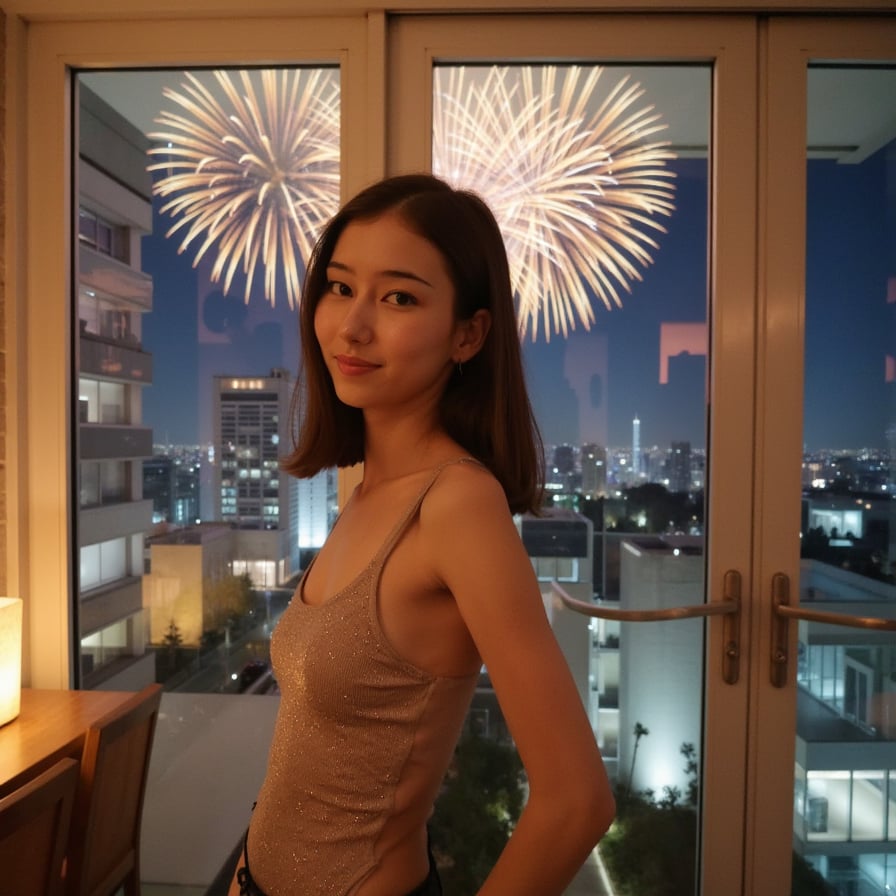 Highly realistic, HDR AI-generated New Year headshot, chest-up framing. A person standing near a balcony door during a New Year celebration, captured candidly with a confident smile. Wearing stylish party attire suitable for New Year night. Hair naturally styled, realistic skin texture. Behind them, fireworks burst in the night sky above city lights, softly blurred through glass doors. Warm indoor lighting on the face, cool festive glow outside. Shallow depth of field, ultra high resolution, clear New Year celebration vibe.