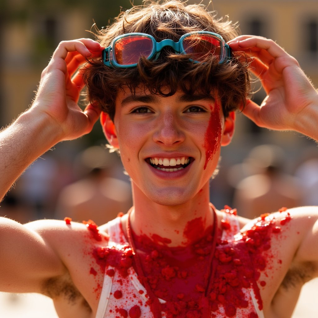 Dynamic portrait of a young man with goggles pushed up, tomato pulp stuck to shirt, smiling through the mess, summer light — a moment from La Tomatina