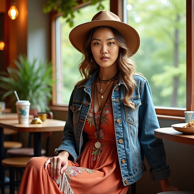 girl with casual attire, sitting in a trendy restaurant, surrounded by modern de