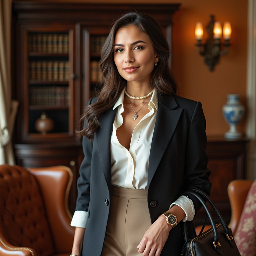woman in a clean, modern setting. She is styled in a classic blouse or tailored outfit, with understated jewelry and natural makeup. The lighting is soft, with a warm glow that enhances her features and highlights her elegance