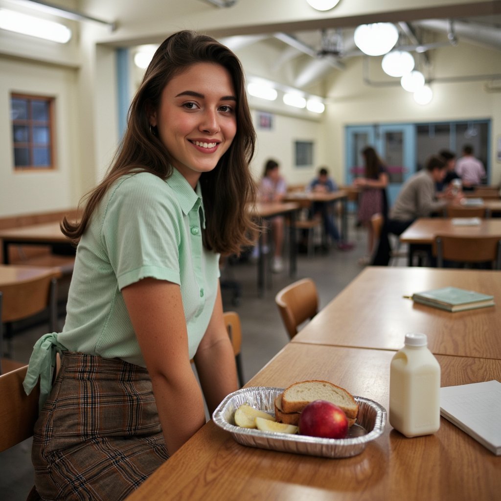 Highly realistic 1960s cafeteria scene, centered on a girl seated at a long wooden lunch table, captured from an overhead angle with a 28mm lens. She wears a mint green short-sleeved blouse in crisp cotton with faint vertical stripes, tucked into a high-waisted plaid skirt in muted browns and blues. Fabric creases naturally at her waist and elbows, with faint thread irregularities visible in close detail. Her hair is styled in soft shoulder-length curls with a satin ribbon tied in a bow at the back. Skin tone is even with a natural flush across her cheeks, dimples visible as she smiles at someone off-frame. On the table in front of her: a vintage aluminum lunch tray with neatly arranged sandwich, apple, and milk carton, all rendered in high detail. Background is a soft blur of other students and benches, overhead fluorescent light reflecting subtly off the polished tabletop.