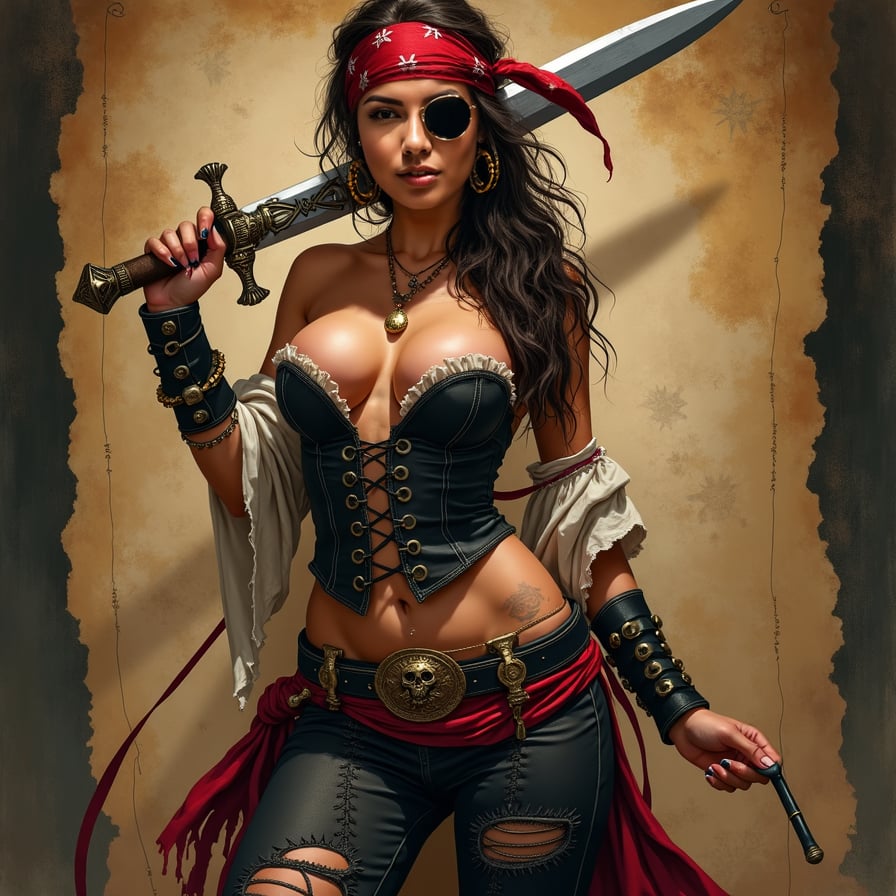 woman in bold, provocative pirate costume, fitted corset, flowing pirate pants, bandana, posing seductively with fake sword, treasure map in background, dramatic lighting, warm color tone, posing for poster
