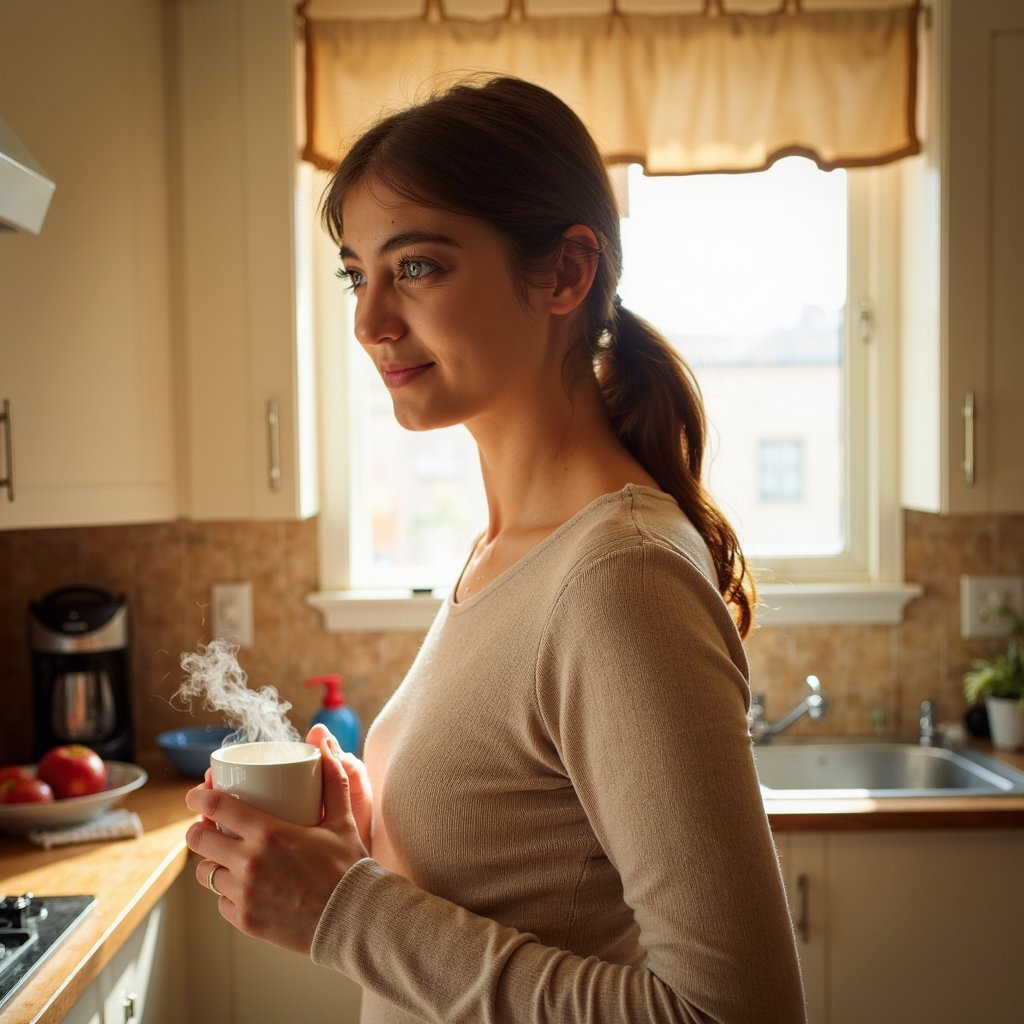 Highly detailed, highly realistic, hyperrealistic HDR image of a woman (female, ~33 yrs) standing waist-up in a cozy kitchen illuminated by soft early-morning light. She wears a light oatmeal sweater with subtle rib texture and rolled sleeves. Her hair is tied in a loose ponytail with natural flyaways catching light. Camera positioned slightly above eye level (~15° down), capturing her serene half-smile as she looks toward the window. Gentle steam from a mug she’s loosely holding adds atmosphere. Background blurred — faint wooden counter, bowl of apples, linen towel in muted tones. Lighting diffused and warm, shadows soft. Visible skin pores, sweater fibers, and condensation on the mug. HDR, high resolution, high quality, highly detailed, photorealistic.