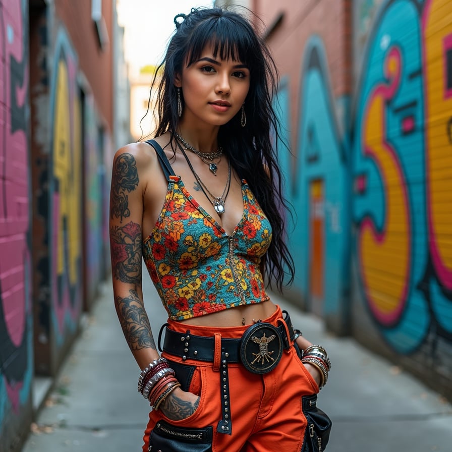 woman in a vibrant, eclectic street style dress with bold prints and bright colors, statement accessories, posing confidently against a gritty urban backdrop with graffiti-covered walls and trendy street art.
