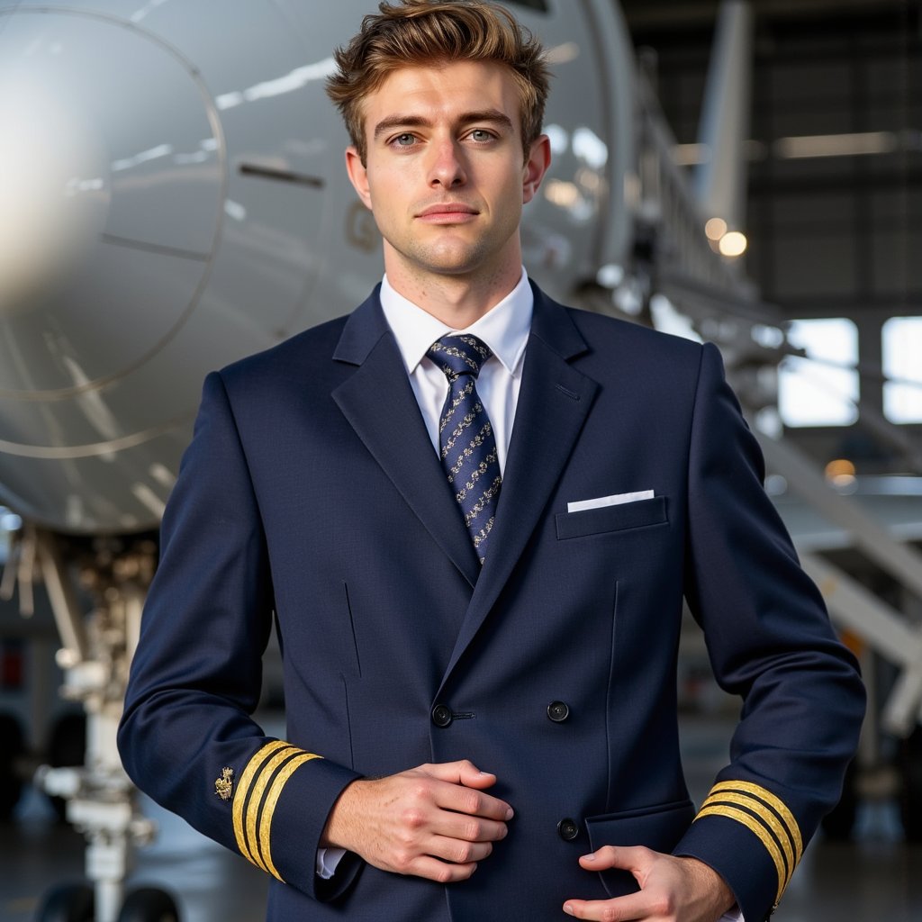 Highly realistic HDR portrait of a man airline captain in navy uniform with gold-striped epaulettes and hat in hand; neatly combed hair. Camera: 35mm lens, f/3.5, ISO 400, three-quarter body shot, eye-level angle. Lighting: daylight streaming from hangar doors behind, subtle reflector fill on front; rim highlights along uniform edges, grounded shadows on floor. Pose: standing confidently near aircraft nose, hat held against thigh, serious professional gaze forward. Background: blurred aircraft fuselage and hangar interior, minimal clutter.