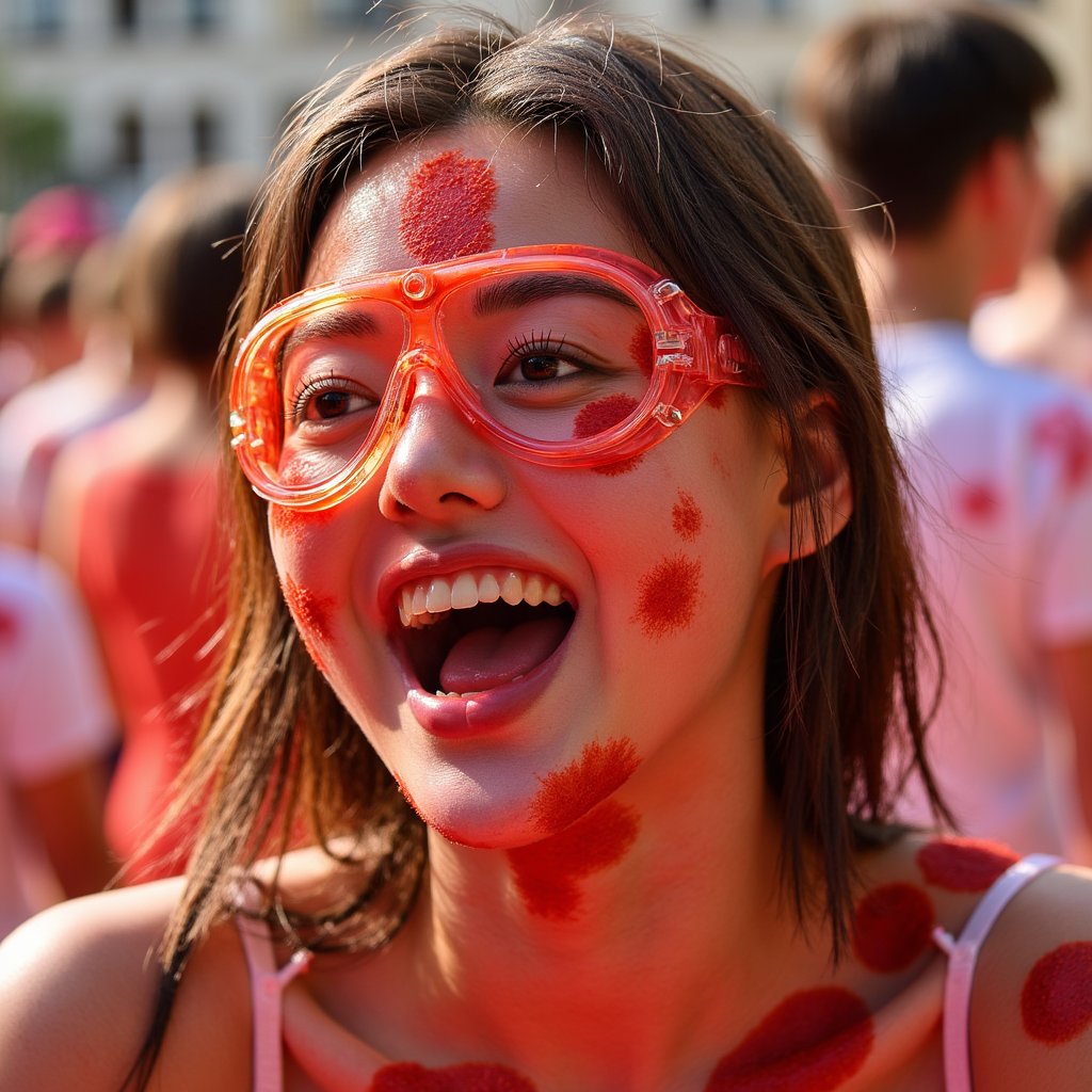 Close-up portrait of a joyful woman mid-laugh, face splattered with tomato juice, hair soaked, wearing protective goggles, La Tomatina festival vibe