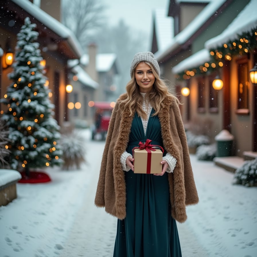 A joyful woman in a long winter dress and fur-lined cape walks through a snowy village, holding a small, gift-wrapped box with a ribbon. Around her are snow-covered cottages, lanterns, and a sleigh in the distance
