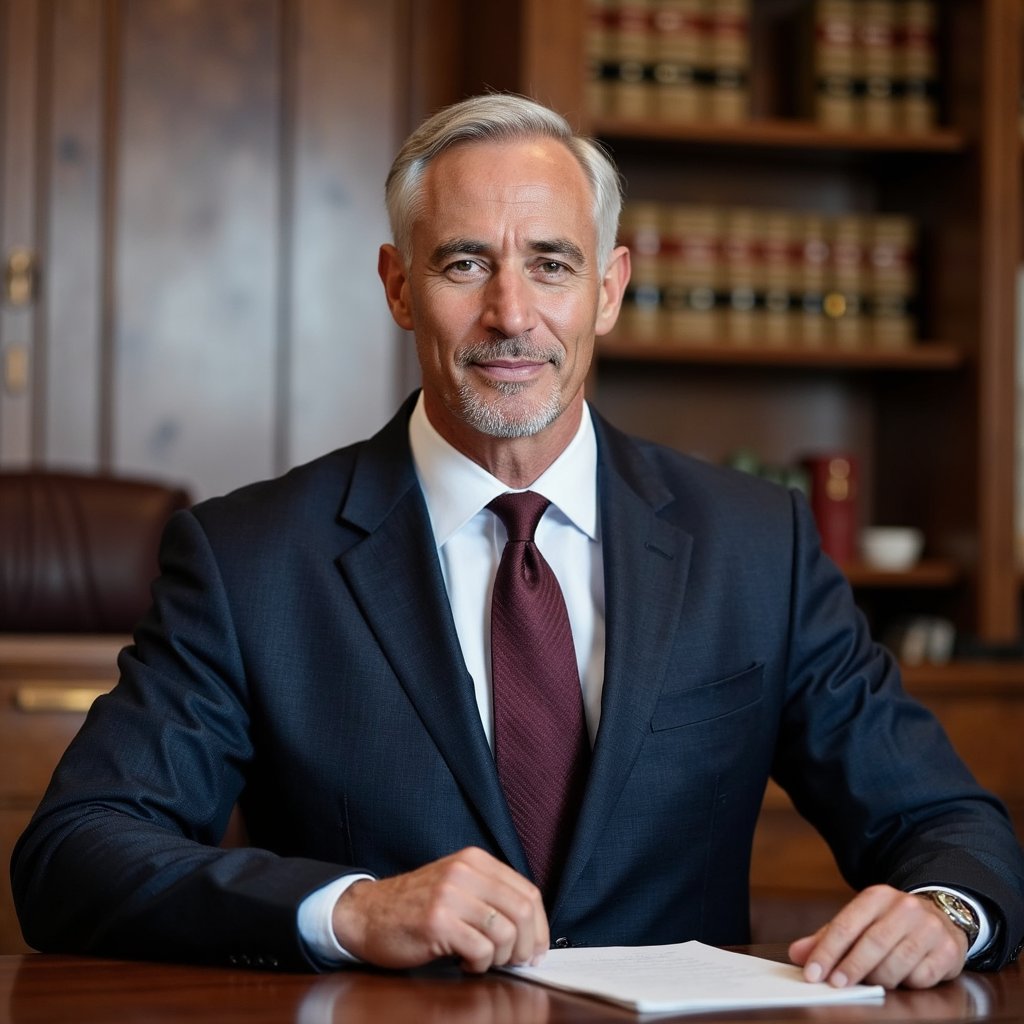 HDR medium portrait, 50 mm f/2.0, slightly low angle. Man in early 60s, fair skin with deep laugh lines, silver hair combed back neatly. Navy three-piece suit in fine worsted wool with faint herringbone texture, crisp white spread-collar shirt, dark burgundy silk tie with subtle diagonal ribbing. Standing at counsel table with one hand resting on an open legal pad. Lighting: warm tungsten from above with a soft fill from camera right. Background: blurred judge’s bench and wood paneling, minimal clutter.