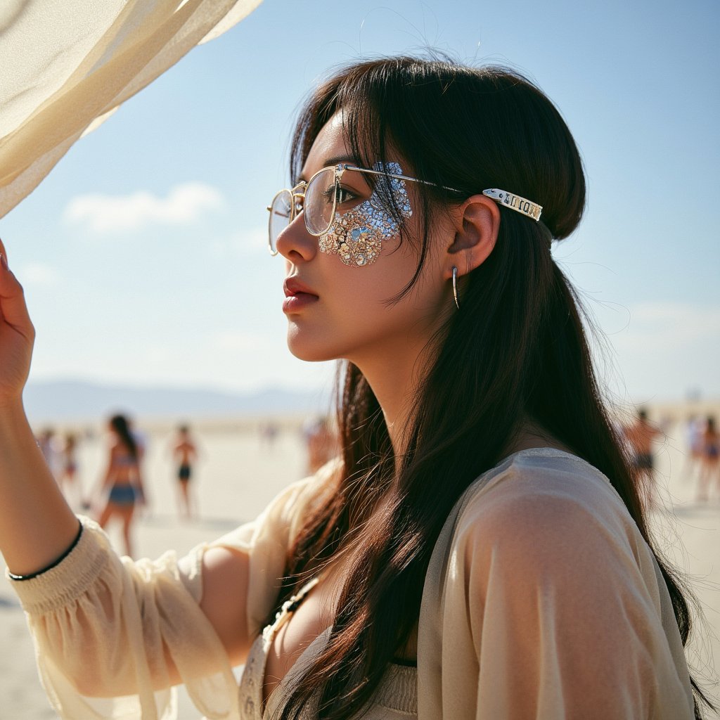 Artistic portrait of a Burning Man attendee wearing mirrored face gear and flowing desert cape, soft focus, surreal desert lighting