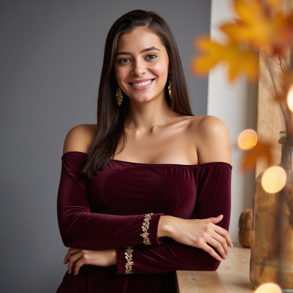 Highly detailed and highly realistic HDR image of a young Latina woman (female, ~30 yrs) captured waist-up in a studio environment. Camera angle slightly low (looking up ~5°) to emphasise confident pose. She wears a deep burgundy velvet dress with off-shoulder neckline and subtle gold embroidery on the cuffs, and long dangling gold leaf earrings. Her hair is jet-black, straight and sleek, parted in the middle, falling just past her shoulders. Studio lighting: three-point lighting setup — key light softbox front left, fill light soft and dim front right, hair light from above to create separation; background is solid charcoal-grey, minimal clutter, slightly faded vignette. Her pose: right hand gently resting on left upper arm, left arm relaxed; facial expression is warm with soft smile, dimples visible. Skin tones are rich and even, texture visible (pores, slight sheen on high cheekbones). The velvet dress fabric shows pile texture catching light, subtle folds across torso. The background is out-of-focus solid colour, no visible props. The image gives elegant celebration-ready Thanksgiving style.
