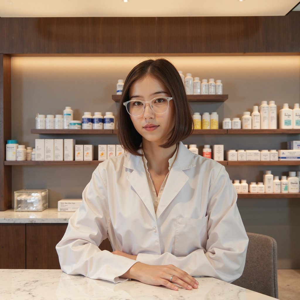 Highly detailed, highly realistic HDR portrait of a woman pharmacist behind a bright counter; crisp lab coat over pastel blouse, short straight bob, frameless glasses. Camera: 50mm lens, f/2.2, ISO 320, chest-up framing, direct eye-level. Lighting: daylight fill from counter front, key overhead panel creating soft highlights on shoulders; faint shadow on wall behind. Pose: hands resting lightly on counter, calm approachable smile. Background: softly blurred shelves with neat rows of medicine bottles, minimal clutter.