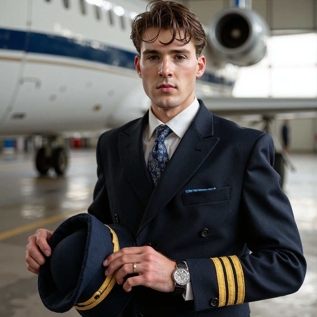 Highly realistic HDR portrait of a man airline captain in navy uniform with gold-striped epaulettes and hat in hand; neatly combed hair. Camera: 35mm lens, f/3.5, ISO 400, three-quarter body shot, eye-level angle. Lighting: daylight streaming from hangar doors behind, subtle reflector fill on front; rim highlights along uniform edges, grounded shadows on floor. Pose: standing confidently near aircraft nose, hat held against thigh, serious professional gaze forward. Background: blurred aircraft fuselage and hangar interior, minimal clutter.