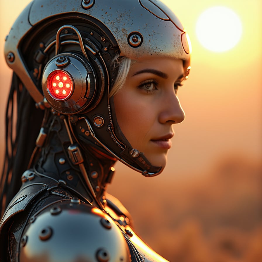 Detailed female cyborg, cyberpunk aesthetics, neon, intricate, photorealistic.