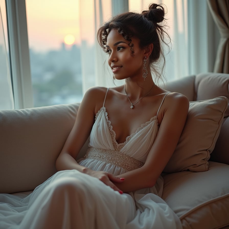 Pose: Sitting on a plush, velvet couch, with her legs curled up and her arms wrapped around her knees.
Expression: Wistful, with a hint of longing and a far-off gaze.
Clothing: A flowing, white nightgown with a delicate lace trim, evoking the feeling of a romantic, fairytale princess.
Accessories: A pair of dangling earrings with small, sparkling stones, a delicate silver necklace, and a messy, undone hairstyle.
Background: A soft, dreamy background with a subtle gradient, evoking the feeling of a misty, moonlit night.