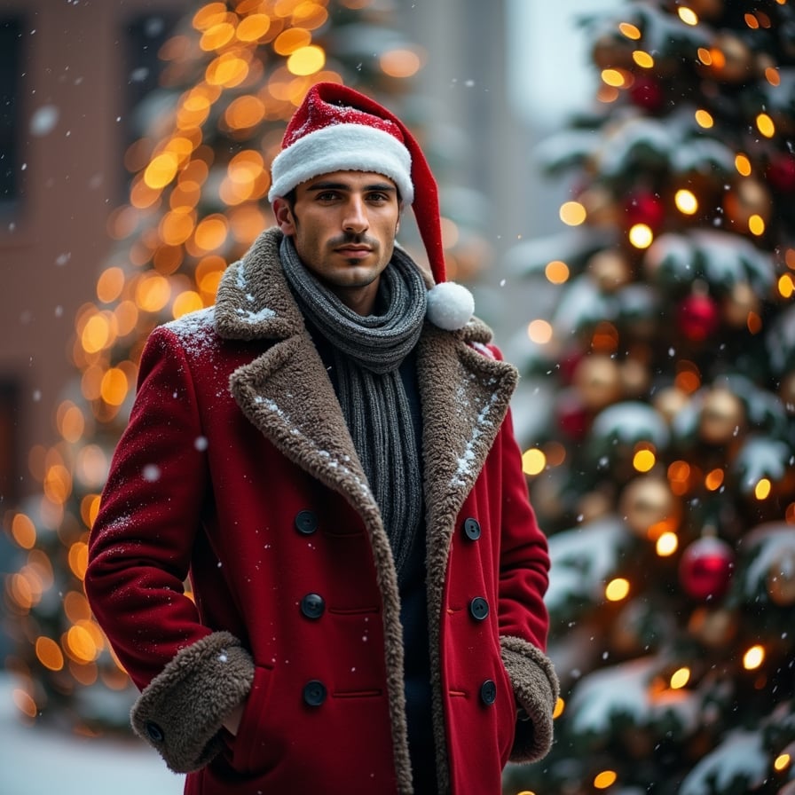 man in a thick, luxurious coat, adorned with a scarf and gloves, radiating winter sophistication amidst a snowy backdrop, warm indoor lighting.