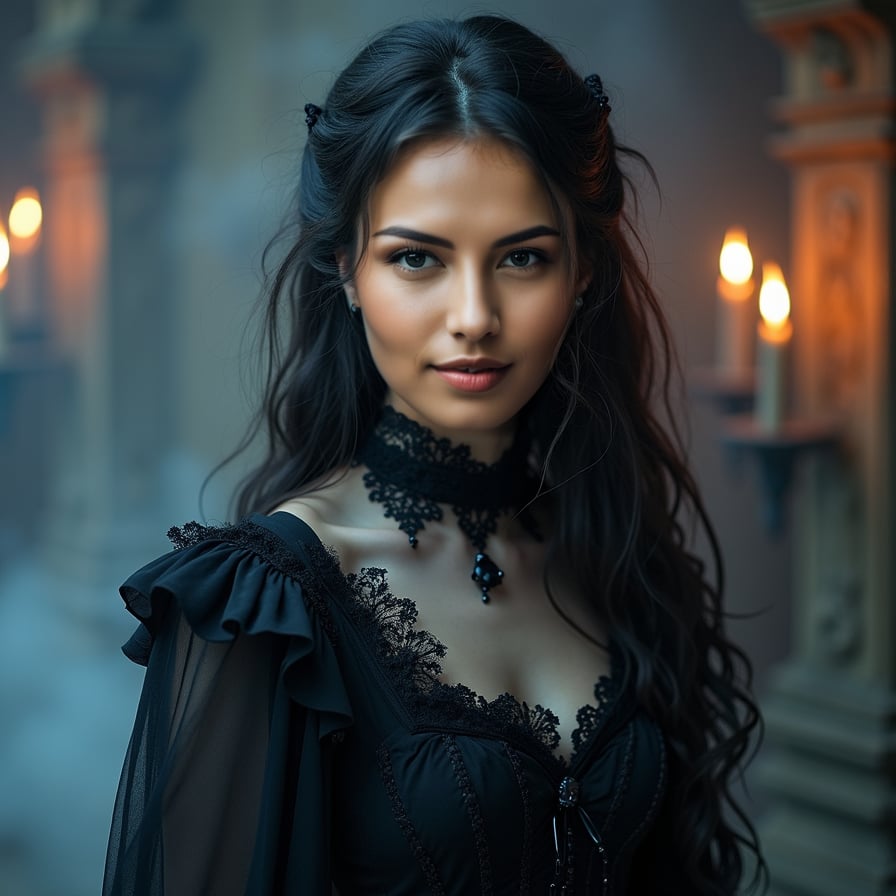 girl in a dark, Victorian-inspired vampire costume, complete with a long, flowing black dress, lace trim, and a brooch at her neck, with pale skin, bold eyebrows, and dark, mysterious eyes, surrounded by dim, eerie candlelight and a hint of mist, with a subtle smile and an air of mystique.