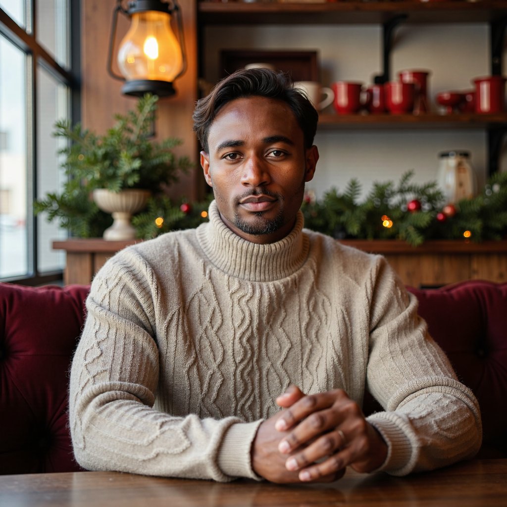 Waist-up portrait of a man seated in a cozy Christmas café booth, leaning slightly forward with elbows relaxed on the table, hands loosely clasped, still and composed. He wears a chunky oatmeal-colored cable-knit sweater with prominent detailed stitching.
Hair: brushed-back medium length, soft texture; light beard.
Lighting: warm overhead café glow with a soft diffused key from a nearby window, gentle shadow falloff for depth.
Background: blurred café shelves with red mugs, pine garland, and a single glowing lantern — minimal clutter, organized bokeh.
Camera: 50mm f/1.6 at eye level; highly detailed, highly realistic, HDR, sweater fibers, beard grain, and warm wood tones crisp.